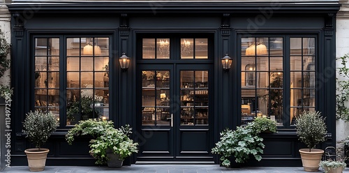 Elegant Dark Storefront with Plants and Windows