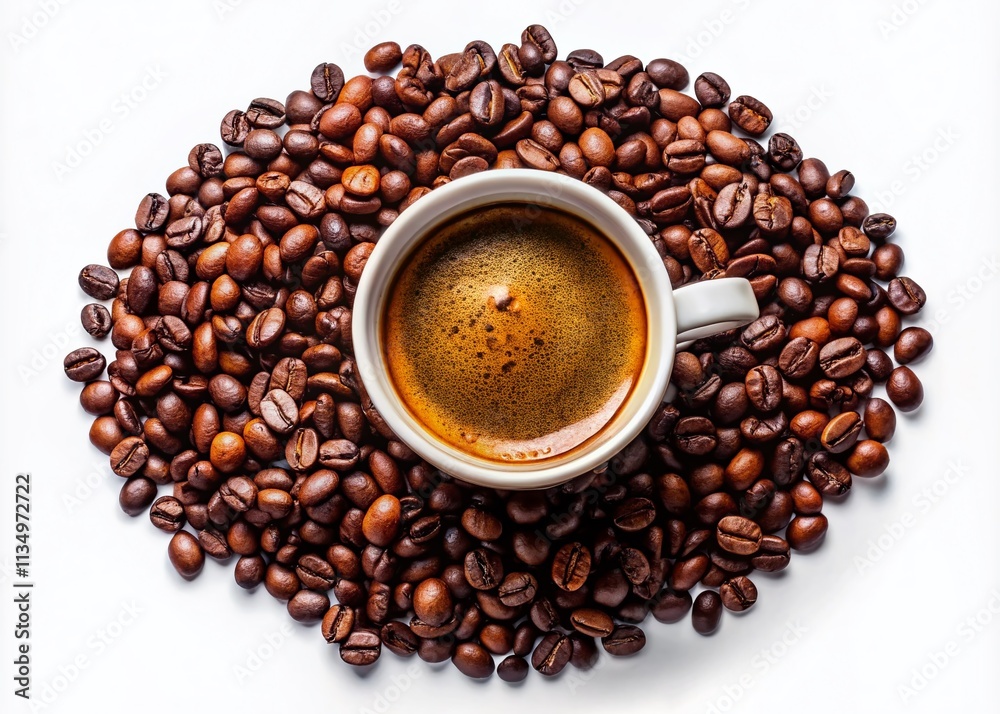 Obraz premium Freshly Brewed Cup of Coffee Surrounded by Roasted Coffee Beans on a Crisp White Background for Culinary and Beverage Photography