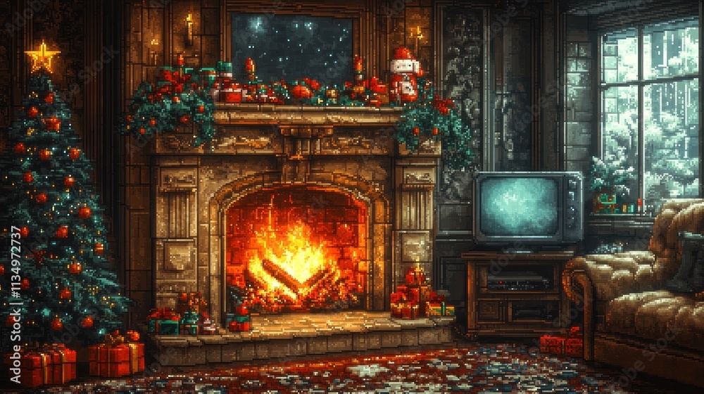 Warm glow from the fireplace illuminates a festive room with a Christmas tree and snow outside Warm glow from the fireplace illuminates a festive room with a Christmas tree and snow outside