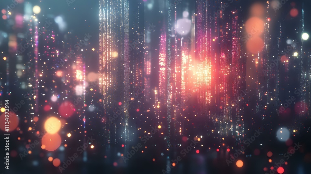 Glittering multicolored lights with dazzling bokeh in a futuristic cityscape, towering skyscrapers glowing with innovation Glittering multicolored lights with dazzling bokeh in a futuristic cityscape, towering skyscrapers glowing with innovation