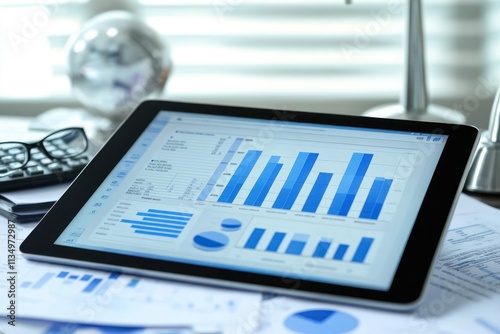 Tablet displaying financial charts & graphs on desk. photo