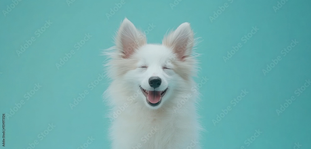 Happy white fluffy dog smiling against a teal background. Happy white fluffy dog smiling against a teal background.