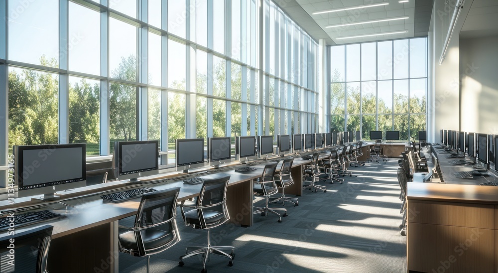 Sunlit modern computer lab with many desktops and large windows overlooking a green landscape. Sunlit modern computer lab with many desktops and large windows overlooking a green landscape.