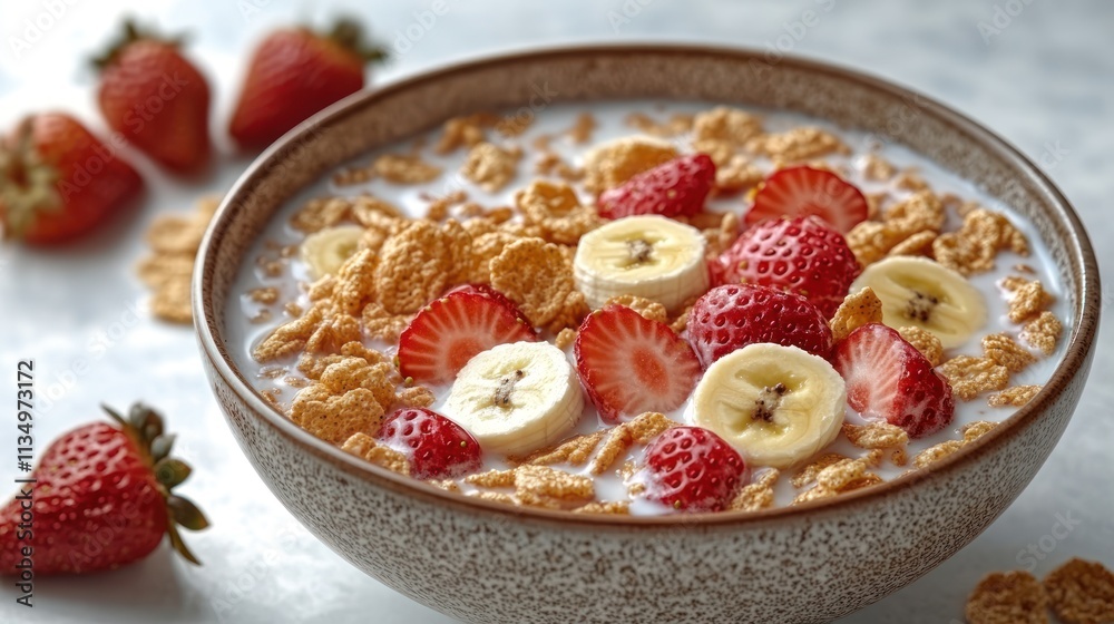 Brightly colored cereal blends with strawberries and bananas, creating a delightful breakfast Brightly colored cereal blends with strawberries and bananas, creating a delightful breakfast