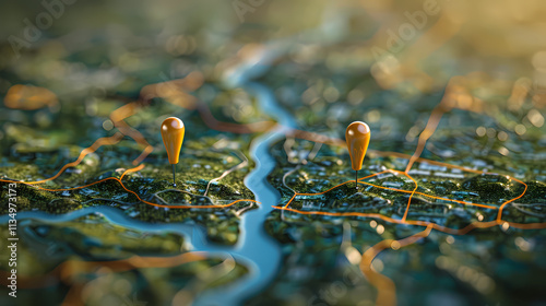 Connecting the Dots: A  conceptual, closeup of a detailed map with two wooden pushpins, suggesting a journey, connection, and travel.
