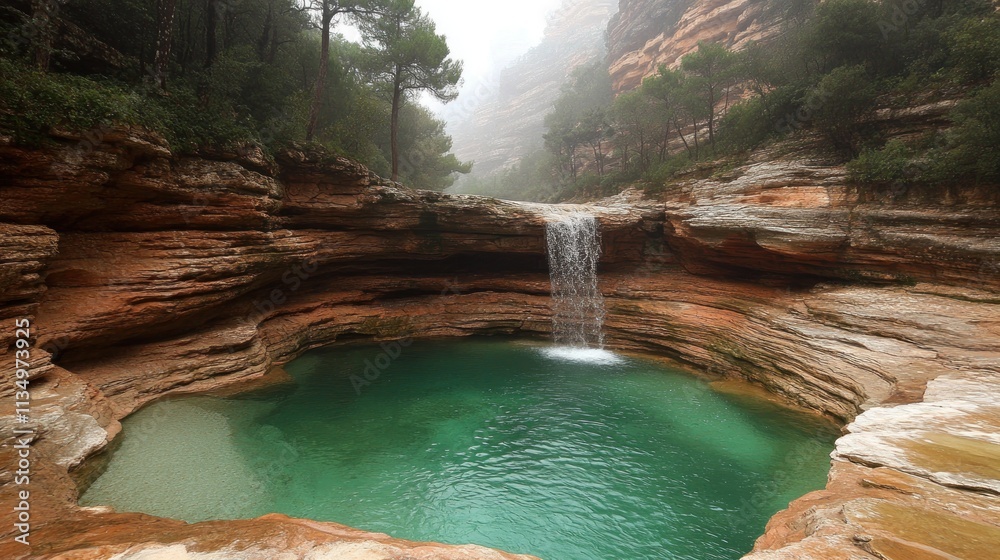 Naklejka premium A gentle waterfall flows into a crystal-clear pool, framed by rocky cliffs and surrounding trees