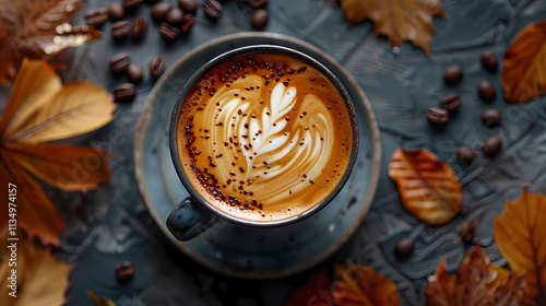 Autumn Latte Art: A steaming cup of latte art with a delicate floral design sits nestled amidst fallen autumn leaves and roasted coffee beans.