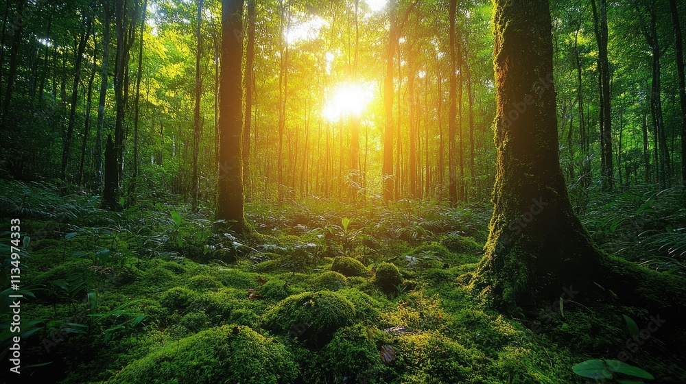 Fototapeta premium Sunbeams illuminate lush green forest floor.
