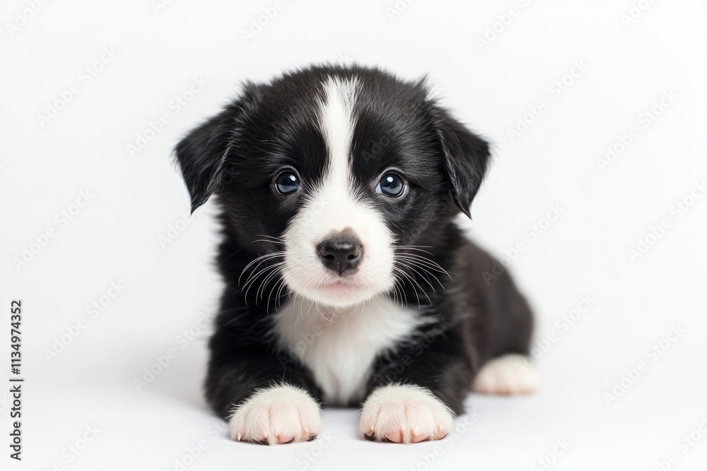 Adorable black and white puppy lying down on white background. Adorable black and white puppy lying down on white background.