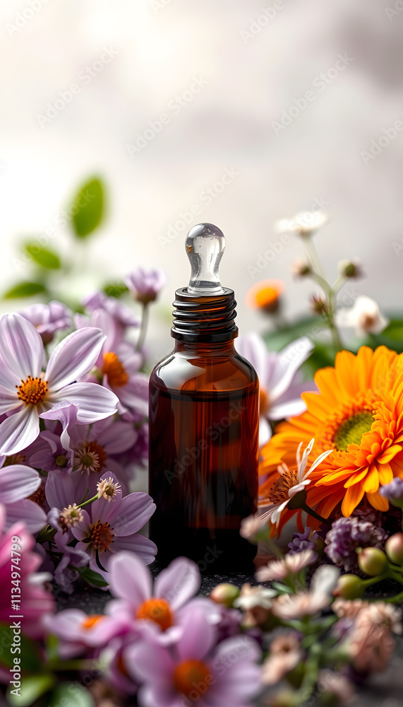 Droper bottle of homeopathic remedy or beauty product surrounded by flowers. Medicinal herbs concept, alternative medicine, organic beauty product, with white tones Droper bottle of homeopathic remedy or beauty product surrounded by flowers. Medicinal herbs concept, alternative medicine, organic beauty product, with white tones