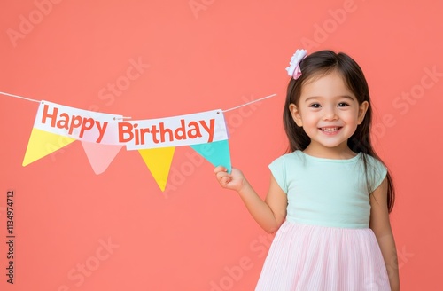 Happy little girl holding a birthday banner against a coral background. photo