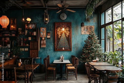 Christmas tree illuminating cozy asian restaurant interior during holiday season