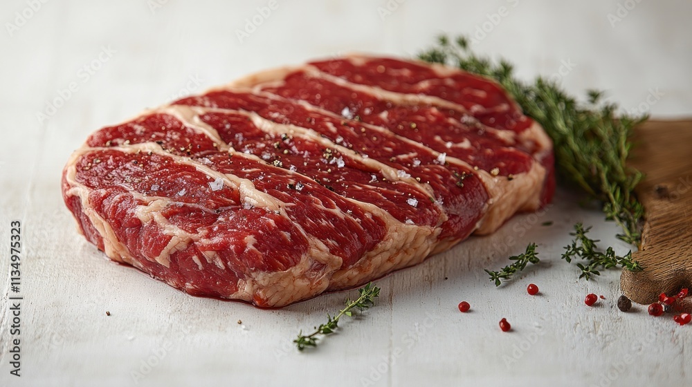Freshly cut marbled beef steak placed on a rustic wooden board with aromatic herbs