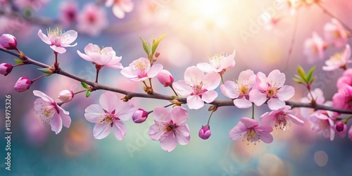 Delicate pink blossoms bloom on a branch, bathed in warm sunlight, a vibrant symbol of spring's arrival.