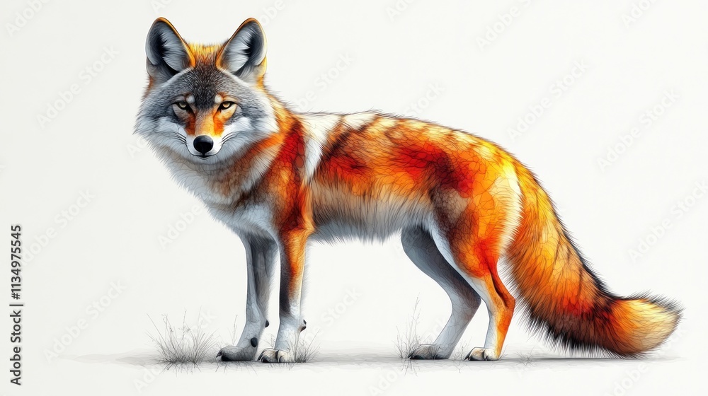 Fototapeta premium A stunning fox with orange and white fur confidently gazes ahead while standing on green grass