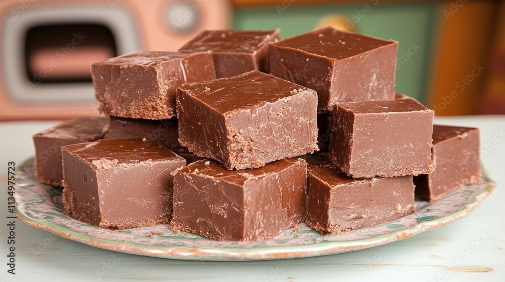 Decadent squares of chocolate fudge rest elegantly on a vintage plate in a warm kitchen Decadent squares of chocolate fudge rest elegantly on a vintage plate in a warm kitchen