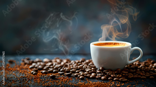 Espresso Awakening: A steaming cup of espresso sits amidst a rich scattering of dark roasted coffee beans, the aroma palpable in this captivating close-up.