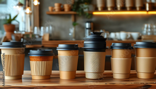 Eco friendly coffee cups displayed in modern cafe setting, showcasing various designs and sizes. warm ambiance highlights sustainability and zero waste practices