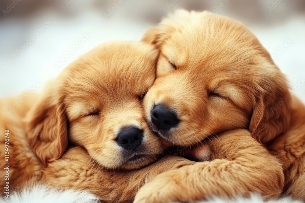 Two adorable golden retriever puppies cuddling and sleeping together. Two adorable golden retriever puppies cuddling and sleeping together.