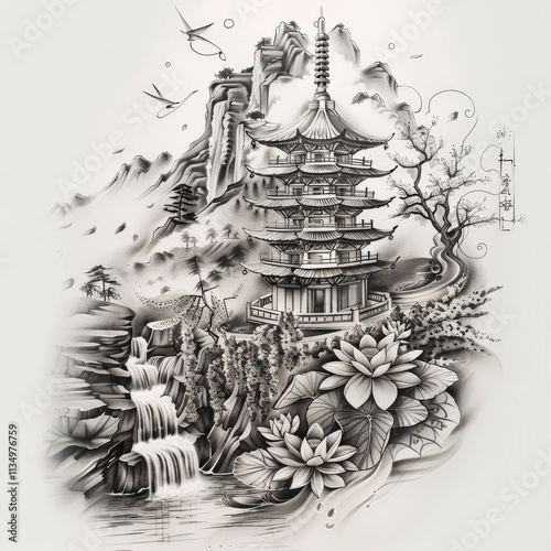 Traditional Chinese temple Tattoo idea sketch