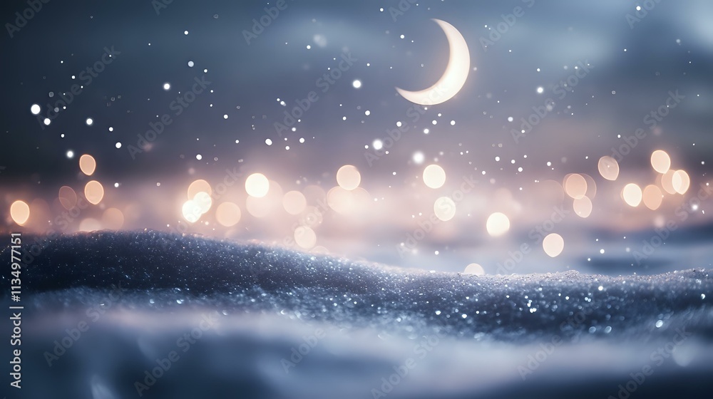 Naklejka premium Glittering white lights with ethereal bokeh dancing across a snowy landscape under a crescent moon