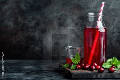 Refreshing cranberry juice in glass bottle with cranberries and mint. photo