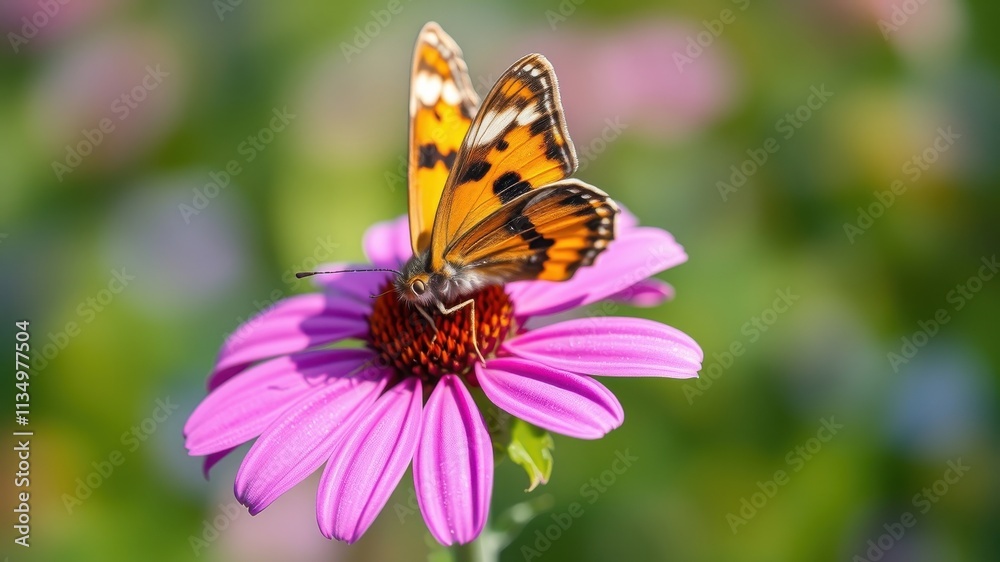 A delicate orange and black butterfly rests on a vibrant pink flower with a blurred green background. A delicate orange and black butterfly rests on a vibrant pink flower with a blurred green background.