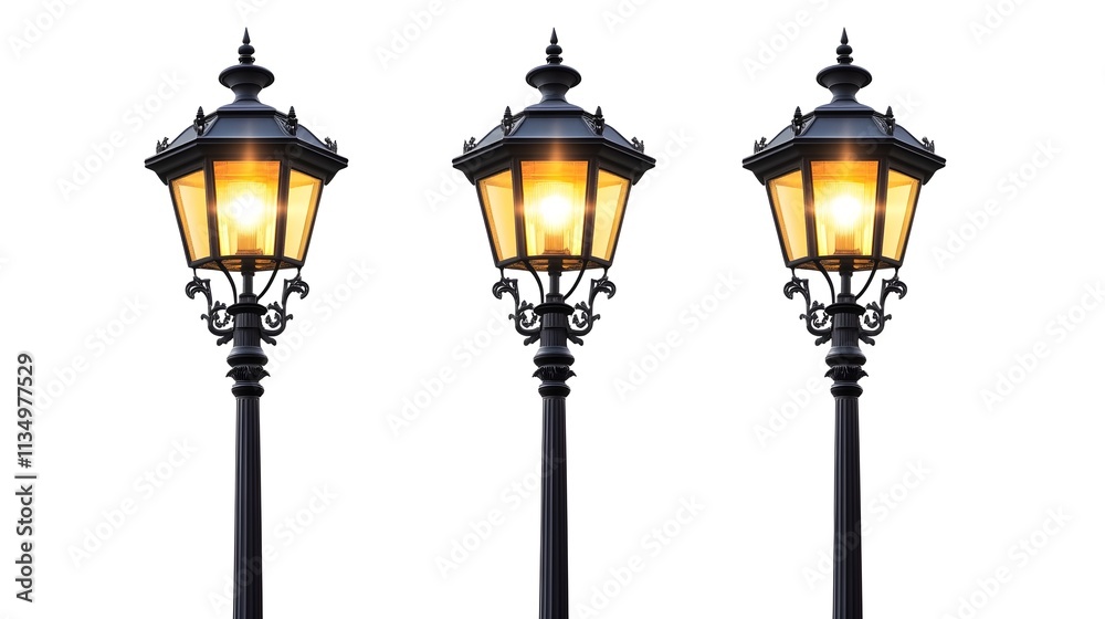 Three solar street lamps with modern lines and decorative elements. It is placed on a plain white background for emphasis. Three solar street lamps with modern lines and decorative elements. It is placed on a plain white background for emphasis.