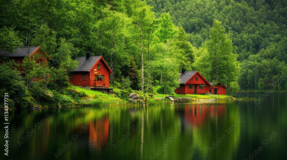 Red Cabins by a Serene Lake in a Lush Forest Red Cabins by a Serene Lake in a Lush Forest