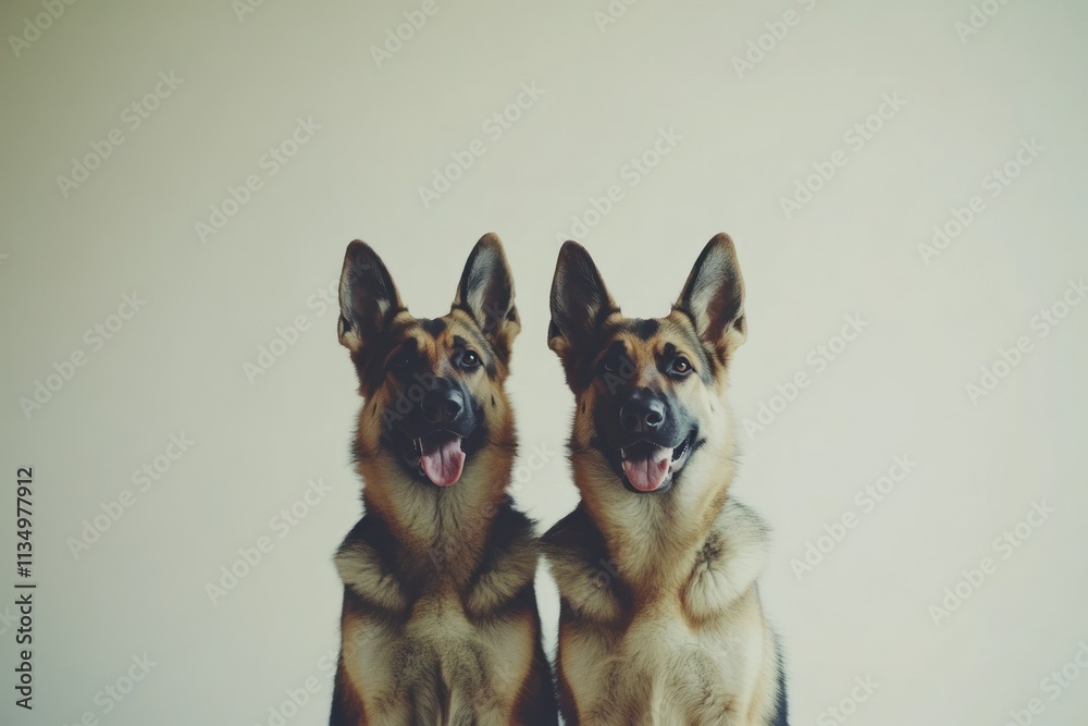 Two German Shepherds sitting side-by-side, looking at the camera, against a light beige background. Two German Shepherds sitting side-by-side, looking at the camera, against a light beige background.