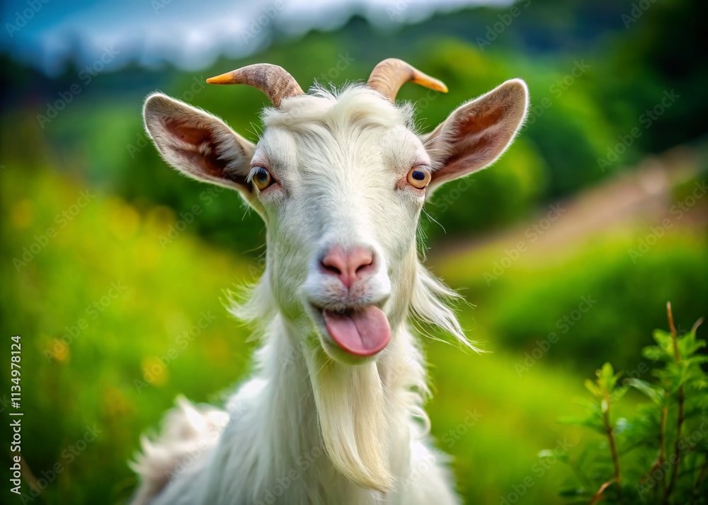 Obraz premium Funny White Goat Portrait with Tongue Out in Pasture - Long Exposure Photography Capturing Playful Nature and Charming Expressions of Farm Animals