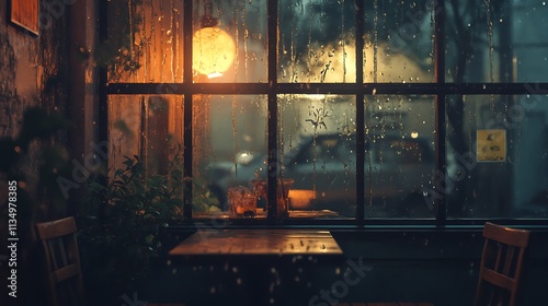 Rainy night view from inside a cafe, showing a table, chairs, plants, and a rain-streaked window with a blurry car outside.