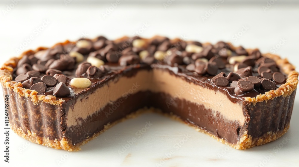 A delectable chocolate tart features creamy layers and a nutty crust, enticing all who see it A delectable chocolate tart features creamy layers and a nutty crust, enticing all who see it
