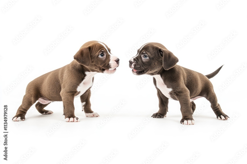 Two adorable brown puppies facing each other on white background. Two adorable brown puppies facing each other on white background.