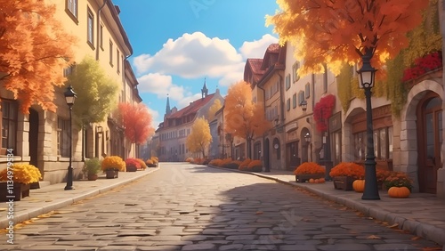Autumnal Cobblestone Street: A picturesque cobblestone street lined with charming buildings, adorned with vibrant autumn foliage, basks in the warm glow of a sunny day.