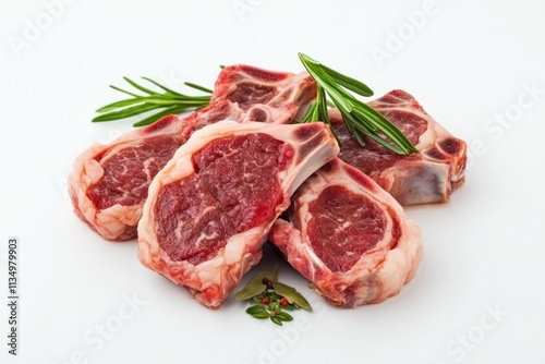 Raw lamb chops with rosemary and peppercorns.