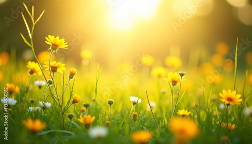 Bright yellow flowers blooming in sunny meadow with warm sunlight and soft focus background