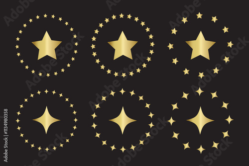 Stars circle icon design. Star round frame. Bright golden stars circle set on black background.  Vector illustration.
