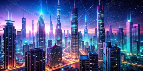 Wallpaper Mural Futuristic Cityscape: A Stunning 3D Render of a Smart City with Particle-Based Skyscrapers and a Breathtaking Cyberspace Atmosphere for Modern Urban Living Concepts Torontodigital.ca