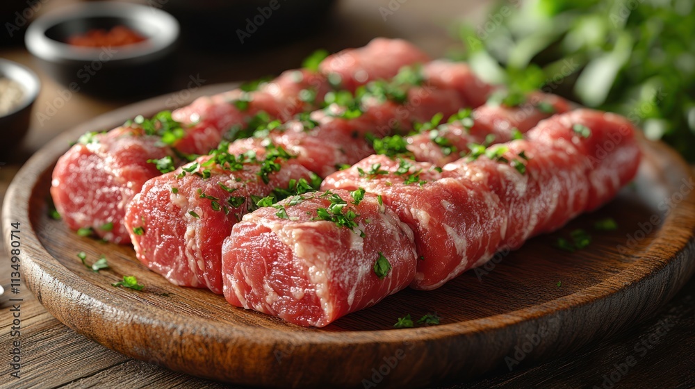 Obraz premium Succulent beef rolls with fresh herbs await grilling for a tasty feast