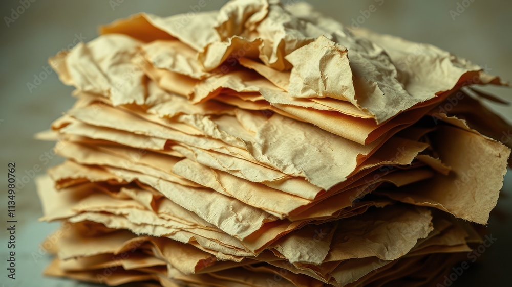 A Stack of Fragile, Crumpled, and Aged Papers, A Tangible Representation of Lost Memories and Time's Passage A Stack of Fragile, Crumpled, and Aged Papers, A Tangible Representation of Lost Memories and Time's Passage