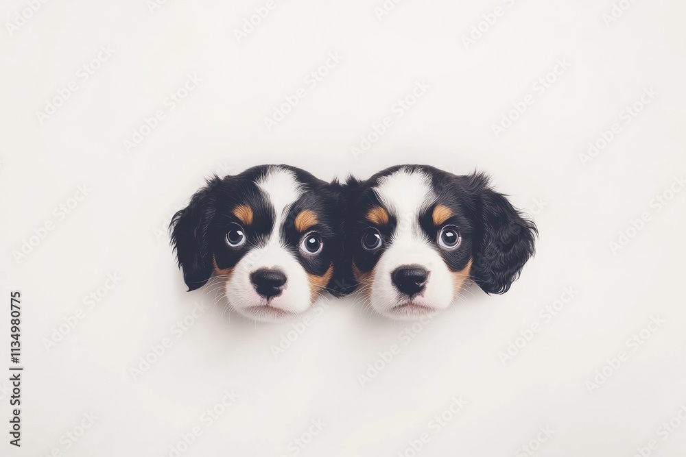 Two adorable puppies peek from a white background.