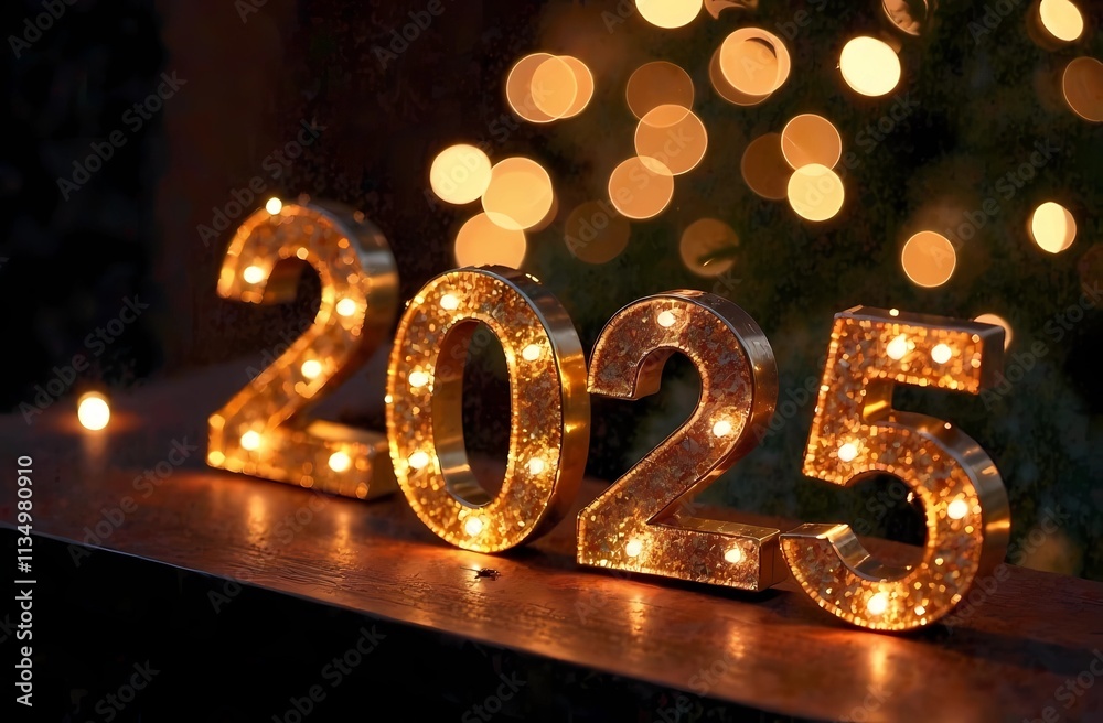 Happy New Year 2025 background, illustration for holiday design with lights and fireworks Happy New Year 2025 background, illustration for holiday design with lights and fireworks