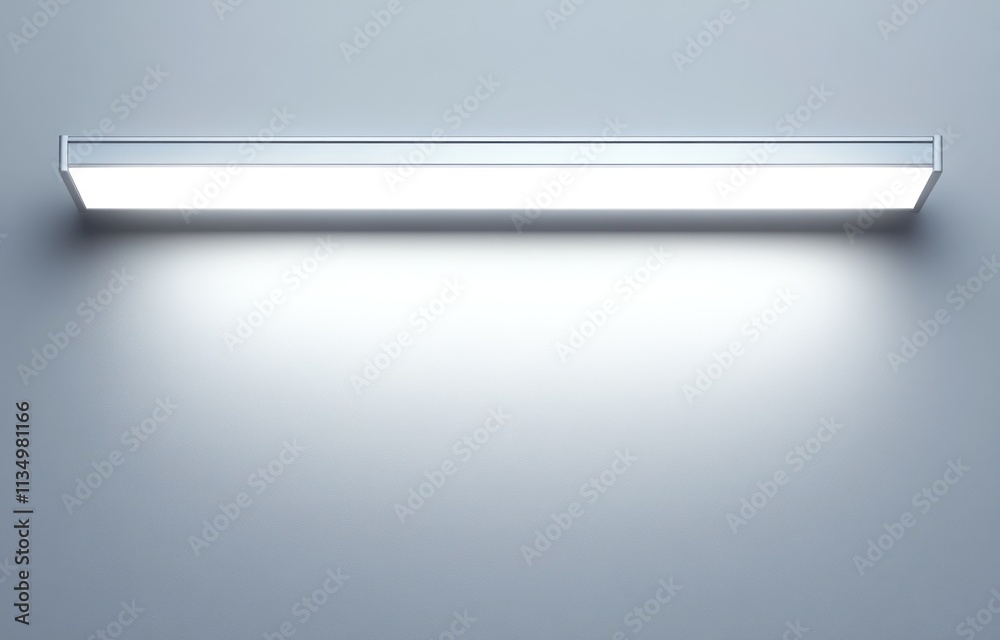 Modern rectangular LED light fixture mounted on a gray wall, emitting bright light. Modern rectangular LED light fixture mounted on a gray wall, emitting bright light.