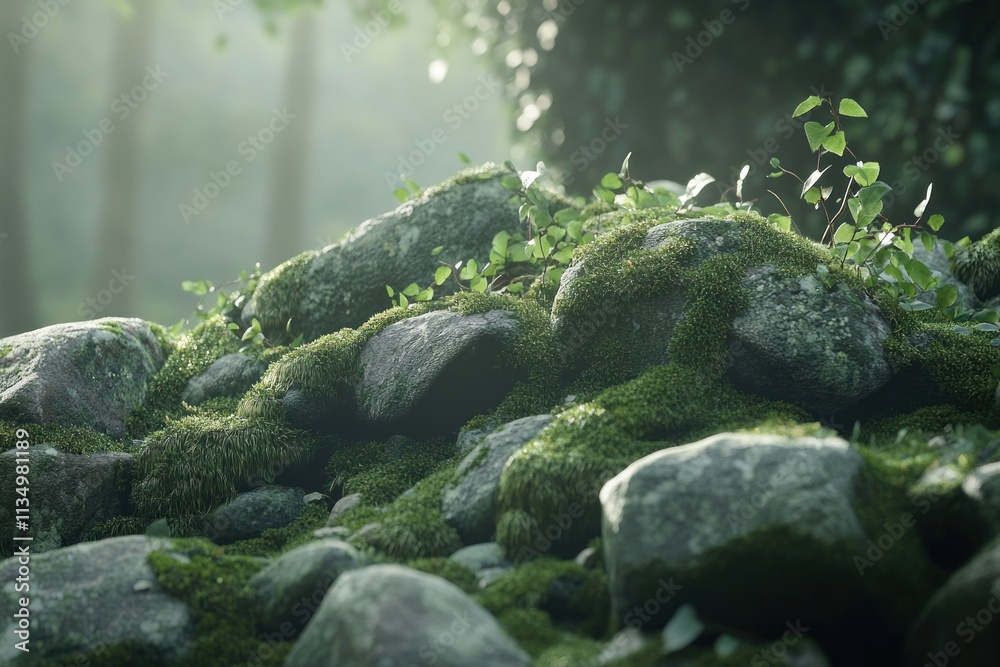 Mossy rocks and plants in a sunlit forest. Mossy rocks and plants in a sunlit forest.