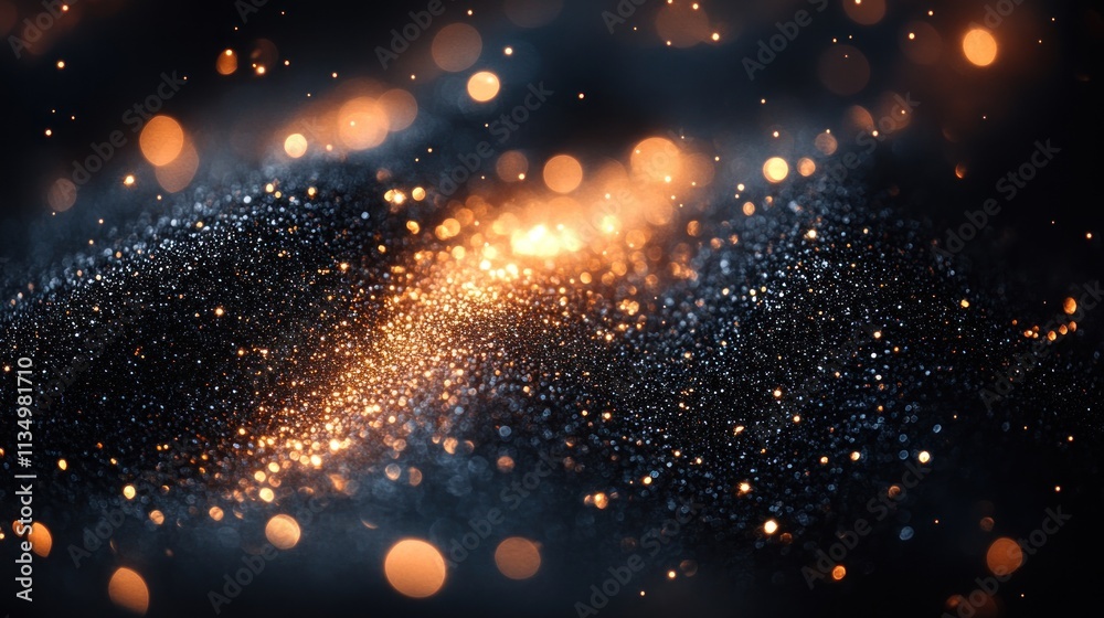 A dazzling display of glimmering particles fills the dark backdrop, creating a cosmic wonder