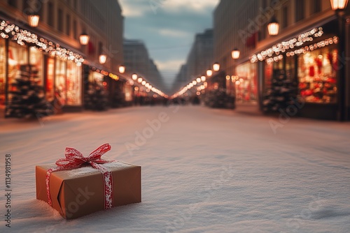 bustling city street covered in fresh snow lined with glowing streetlights and decorated shop under cloudy winter sky photo