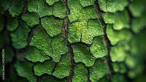 Intricate Green Lichen Texture on Bark: A Close-Up Macro Photograph of Nature's Abstract Art