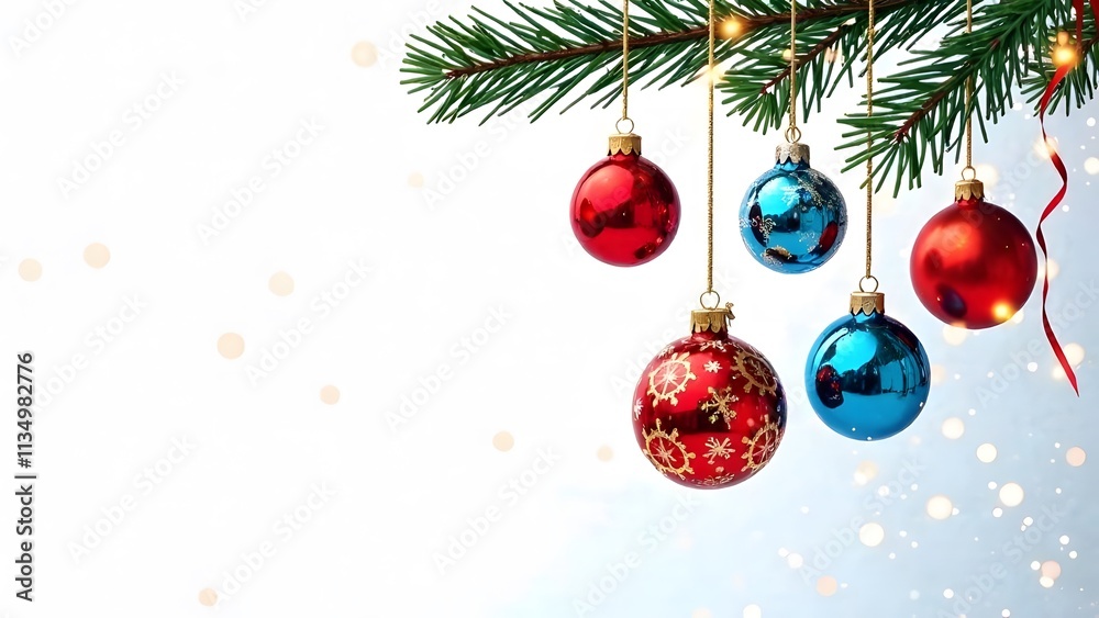 Obraz premium Christmas red and blue Christmas tree balls hanging on a fir branch