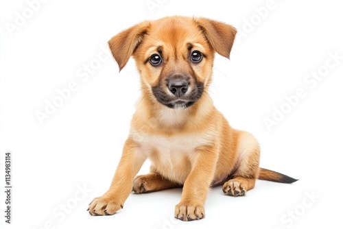 Adorable brown puppy sitting on white background.